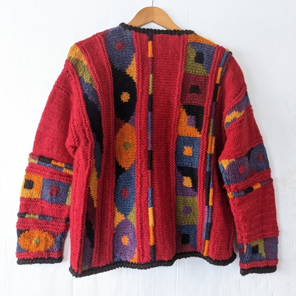 VINTAGE boho red chunky knit cardigan sweater - Picture 7 of 10